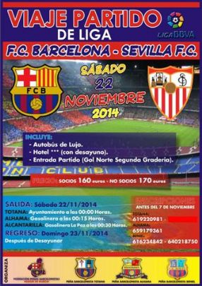 LAS PEAS BARCELONISTAS DE TOTANA, ALHAMA Y BENIEL ORGANIZAN UN VIAJE AL PARTIDO FC BARCELONA - SEVILLA