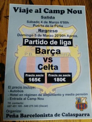 LA PB CALASPARRA ORGANIZA UN VIAJE AL PARTIDO FC BARCELONA - CELTA